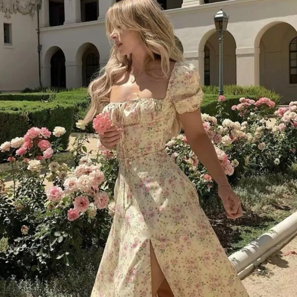 Summer Woman's Retro Elegent Suquare Neck Puff Sleeve Floral Print Maxi Dress Partywear SweetClub Dress
