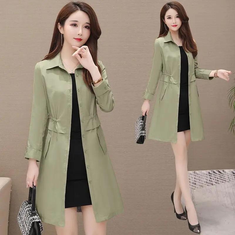 Women's Windbreaker Mid-length Spring and Autumn Solid Color Korean Version Slim Waist Tightening Large Size Slim Coat