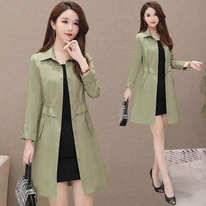 Women's Windbreaker Mid-length Spring and Autumn Solid Color Korean Version Slim Waist Tightening Large Size Slim Coat