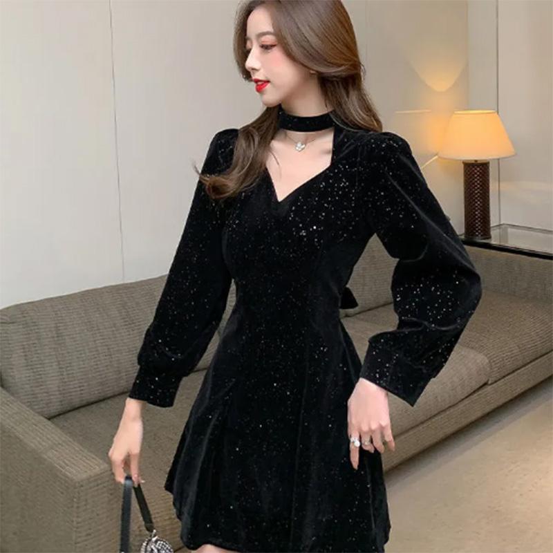 Spring and Autumn Women's Clothes Dating To Work Velvet High Sense Dress New Year Festive Hanging Neck Sexy Hollow Small Dress