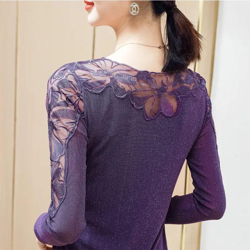 Large Size Women's Lace Shirt Long Sleeves Outer Wear Hollow Thin Inner Mesh Bottoming Shirt