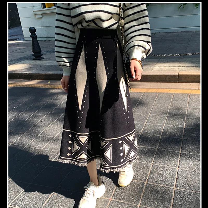 Autumn and Winter High Waist Retro Geometric Pattern A-line Skirt Female Ethnic Style Tassel Knitted Skirt Mid-length Exotic Style