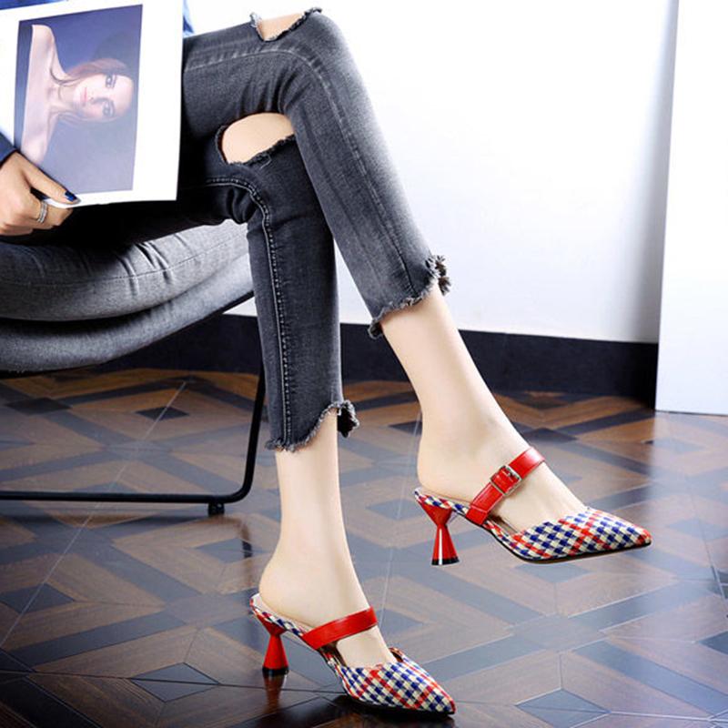 Spring/Summer Houndstooth Pointed Toe Shoes Wine Glass Heel Belt Buckle Slippers Female Korean Mid-heel Single Shoes