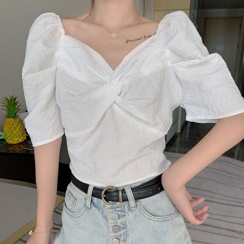 Purple Puff Sleeve Shirt Women's Summer Design Sense Retro Short Shirt Pleated French Square Collar Short Sleeve Top