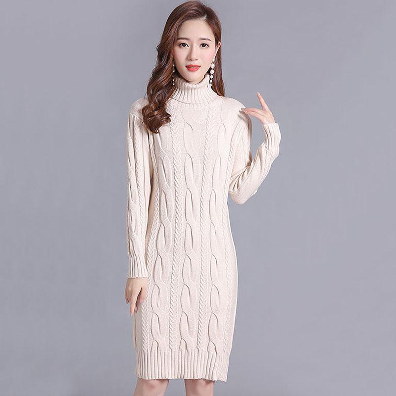 Sweater Women's Turtleneck Pullover Mid-length Knitwear Korean Pure Color Trending Sweater Dress Clothes Set Autumn and Winter