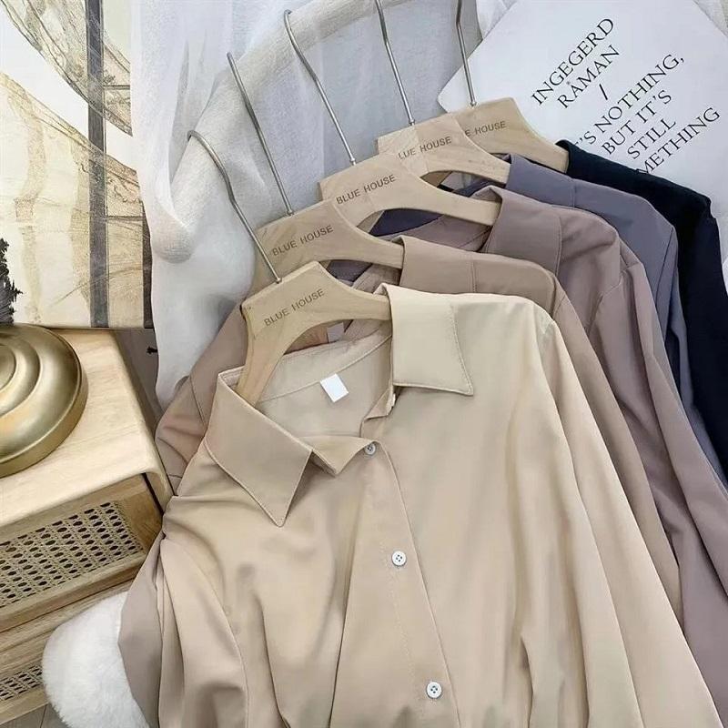 Solid Color Shirt Women's Morandi Long Sleeves Temperatement All-match Simple Shirts Loose Retro Chiffon Lapel Top Button Shirt