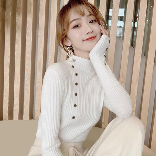 Button half-neck sweater women's bottoming shirt autumn and winter new head-sleeved slim sweater