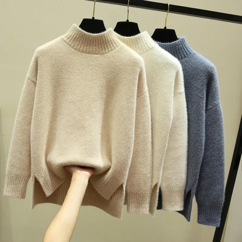 Women's Half Turtleneck Sweater Faux Mink Solid Color Sweater Side Slit Loose Plus Size Sweater
