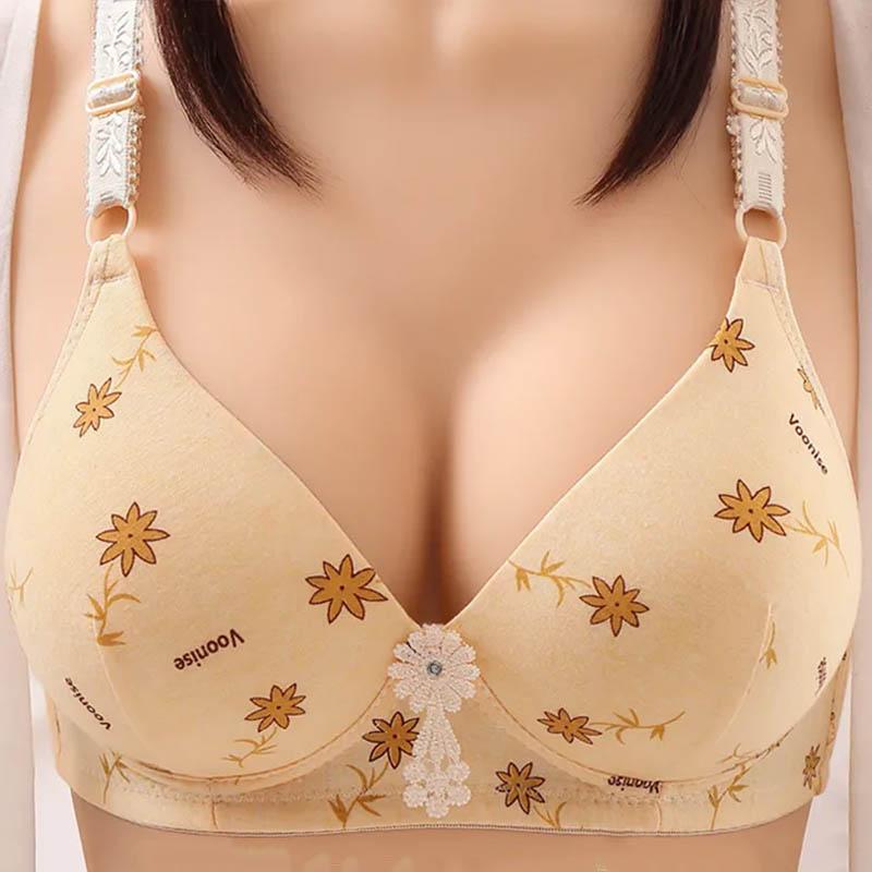 Autumn and Winter Thin Section Large Size Gathered Bra Printing Sexy Sweet Style Breathable No Steel Ring Bra