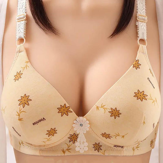 Autumn and Winter Thin Section Large Size Gathered Bra Printing Sexy Sweet Style Breathable No Steel Ring Bra