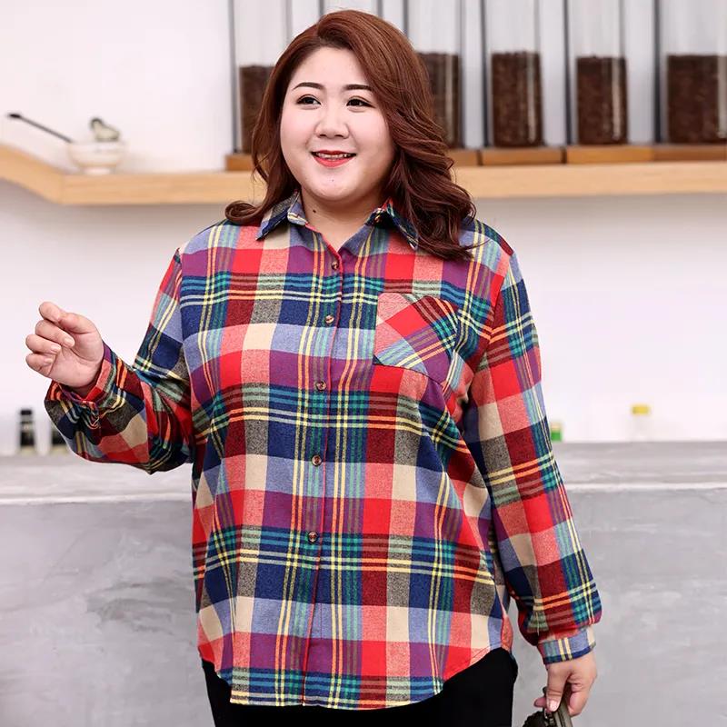Large Size 150kg Wearable Pink Plaid Shirt Women Loose Brushed Shirt Casual Lapel Long Sleeve blouses