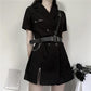 Cool Girl Black Belt Dress Women's Summer Dress Short Sleeve Turn-down Collar Knee-length Daily Wear Office Dating Party