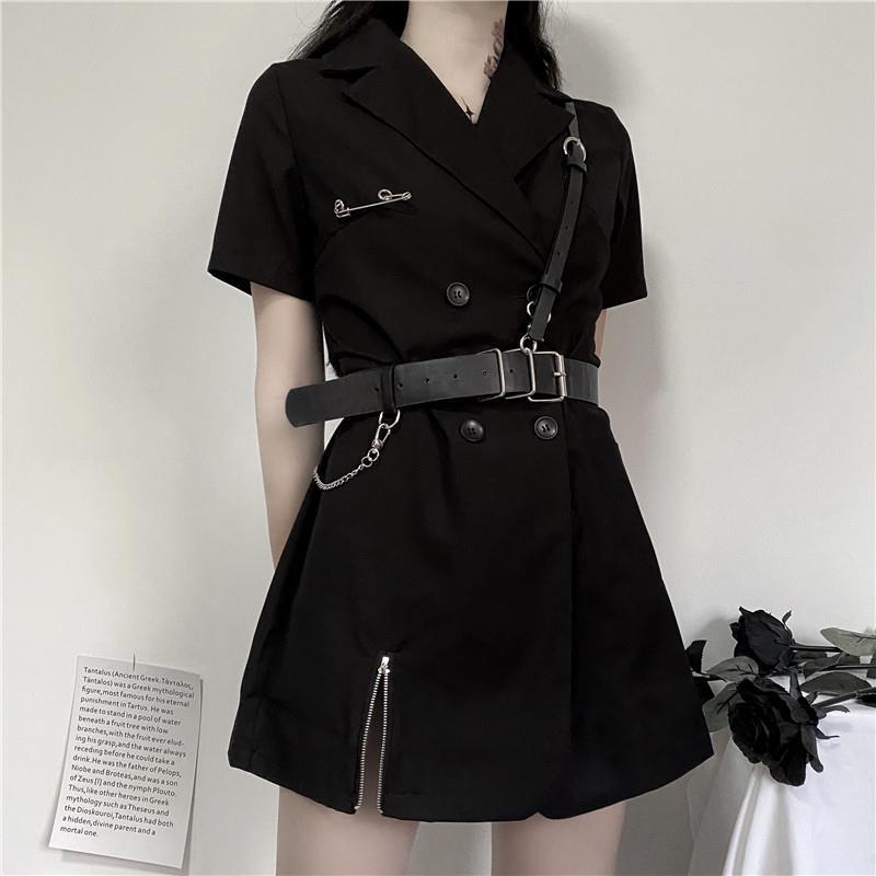 Cool Girl Black Belt Dress Women's Summer Dress Short Sleeve Turn-down Collar Knee-length Daily Wear Office Dating Party
