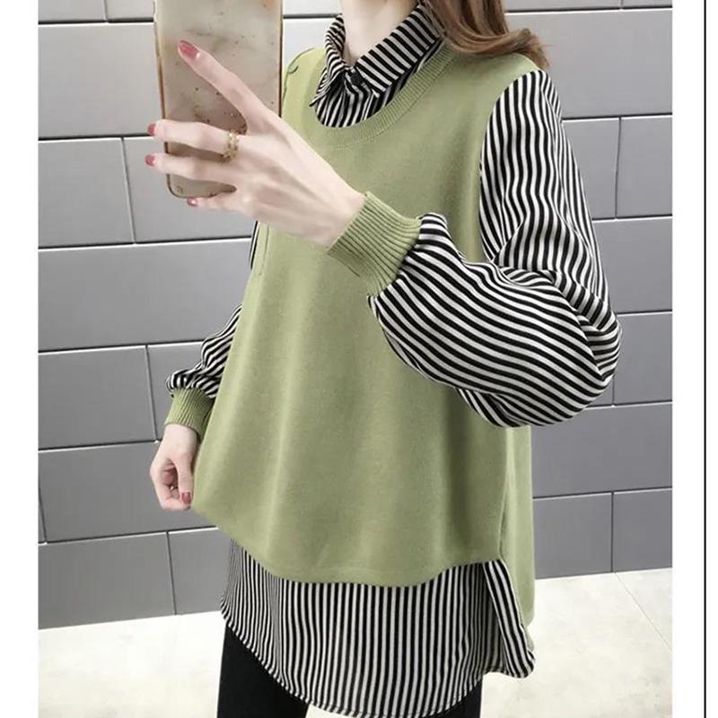 Autumn and Winter Shirt Collar Fake Two-piece Sweater Women All-match Bottoming Knitwear Top