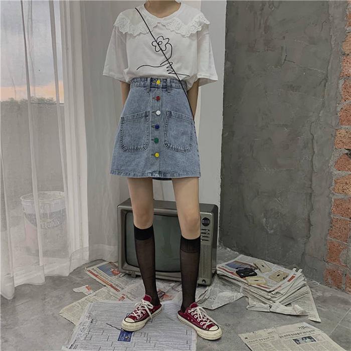 Women Summer High-waisted Skirt Student Casual Anti-light-out Was Thin Mini A-line Denim Short Skirt