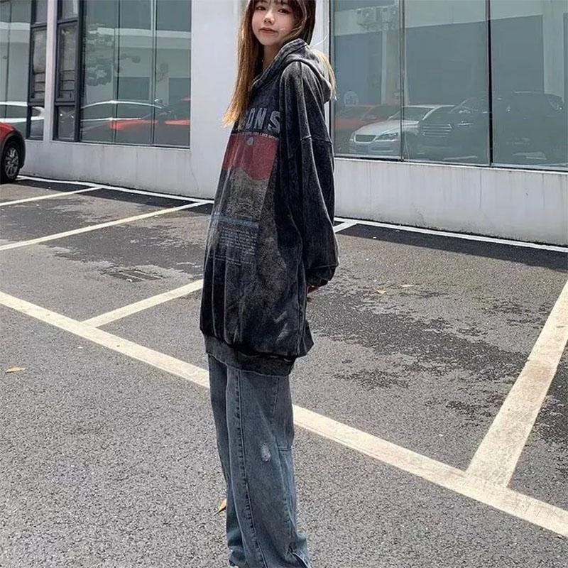 Retro Dark Style Old Hooded Sweater Men and Women with The Same Style Oversize Loose Casual Pullover Sweatshirts
