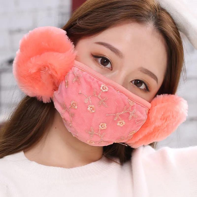 Women's Two-in-one Ear Protection Warm Lace Mask Autumn Winter Thickening Dust-proof Anti-fog Cold-proof Breathable Mask Face Mouth Mask