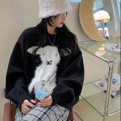 Lazy Blue Women's Crew Neck Pullover Mid Length Sweater Lamb Print Long Sleeve Knit Sweater