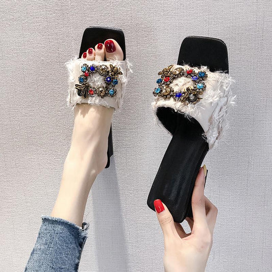 Fashion net red rhinestones with thick heel with a drag sandals ins slippers women summer wear