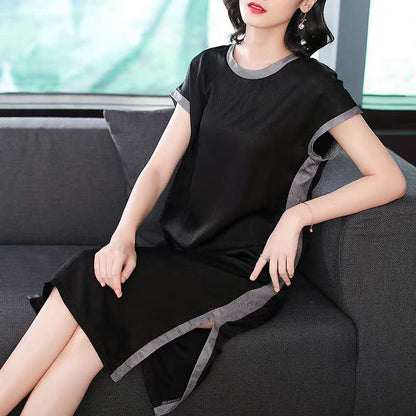 Split Design L-XXXXXL Summer Chiffon Plus Size Dress Summer Short Sleeve Round Neck Over The Knee Solid Color Dress