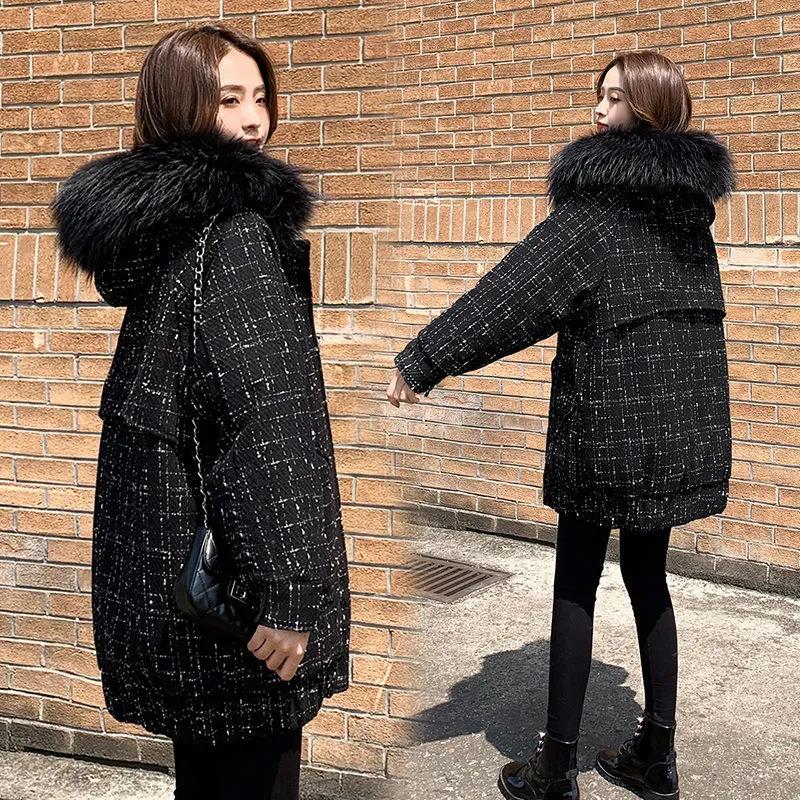 Korean Style Pie Overcoming Mid-length Large Fur Collar Cotton-padded Jacket Women Loose Black Parker Padded Jacket