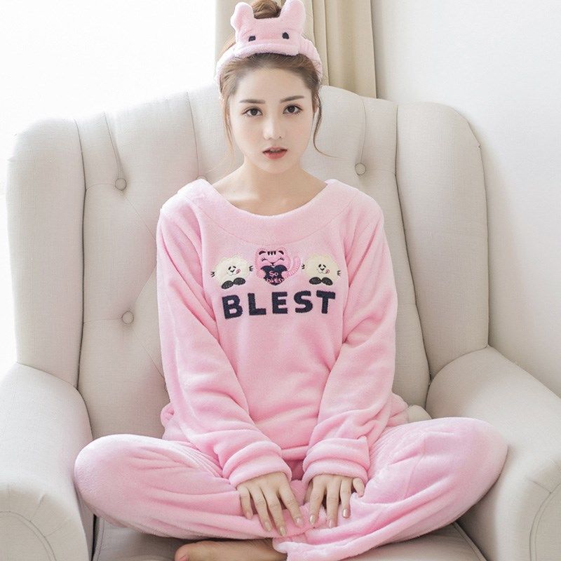Korean Student Long-sleeved Thickened Flannel Plus Size Home Service Suit Female Winter Coral Fleece Cute Pajamas