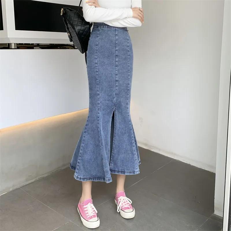 Fishtail Jeans Skirt Women's Summer Niche Slit A-line Skirt Ruffled Denim Midi Skirt High Waist Sexy Tight Denim Jeans Skirt