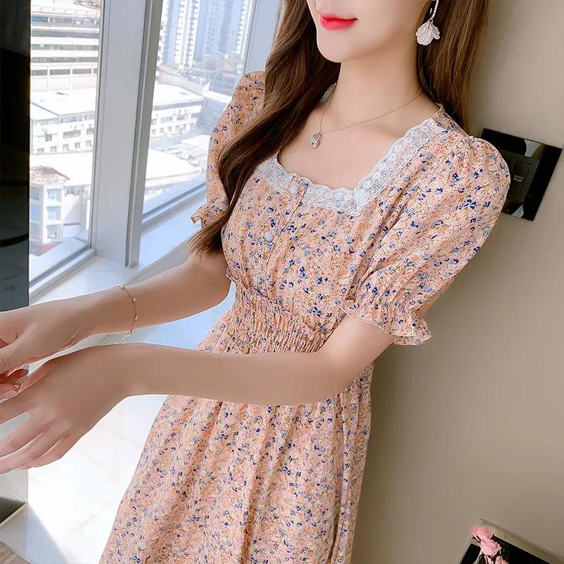 Female Little Fresh Sweet Vintage Holiday Dress Slim High Waist Square Neck Elegant Floral Print Lace Dress