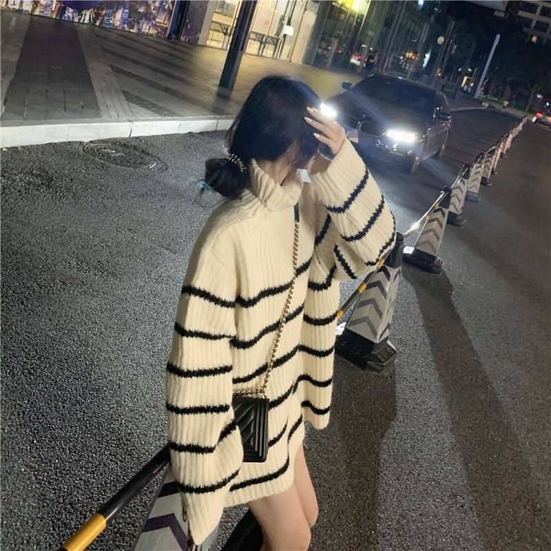 Pofulove Wild Thickened Knit Tide Winter Warm Long Striped Turtleneck Sweater Girl Student Loose
