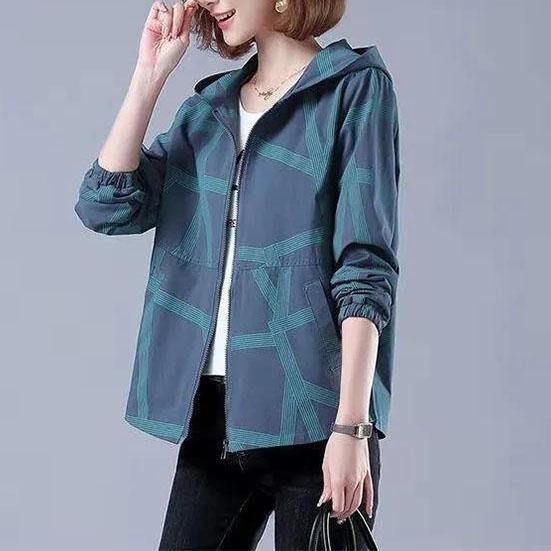 Women's Spring and Autumn Large Size Short Coat Loose Printed Zipper Jacket Female Long Sleeve Casual Hooded Coats