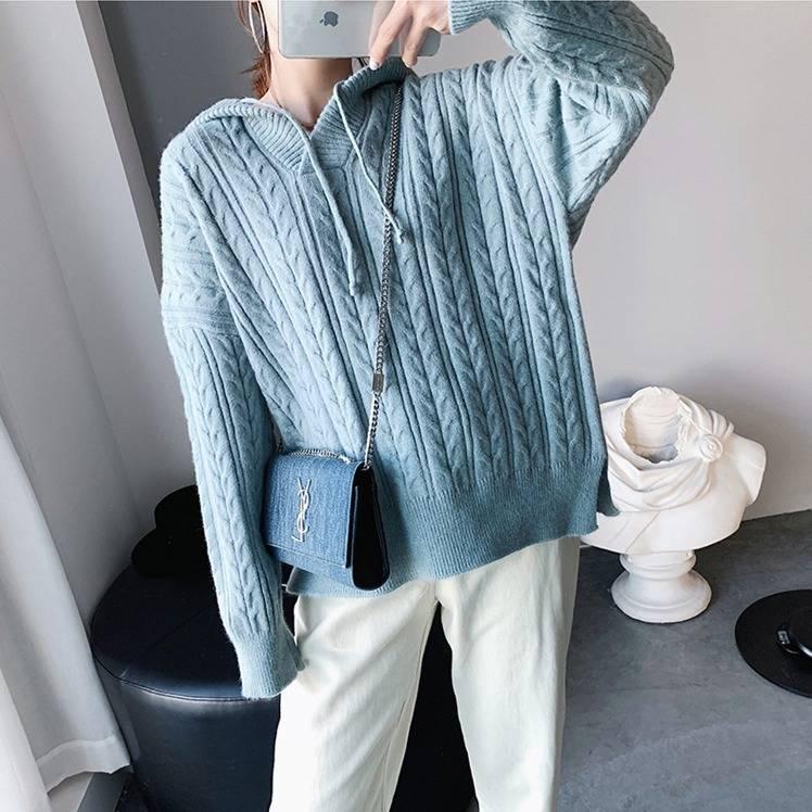 Pofulove Autumn Winter Solid Color Loose Korean Twist Hooded V-neck Sweater Women's Base Shirt