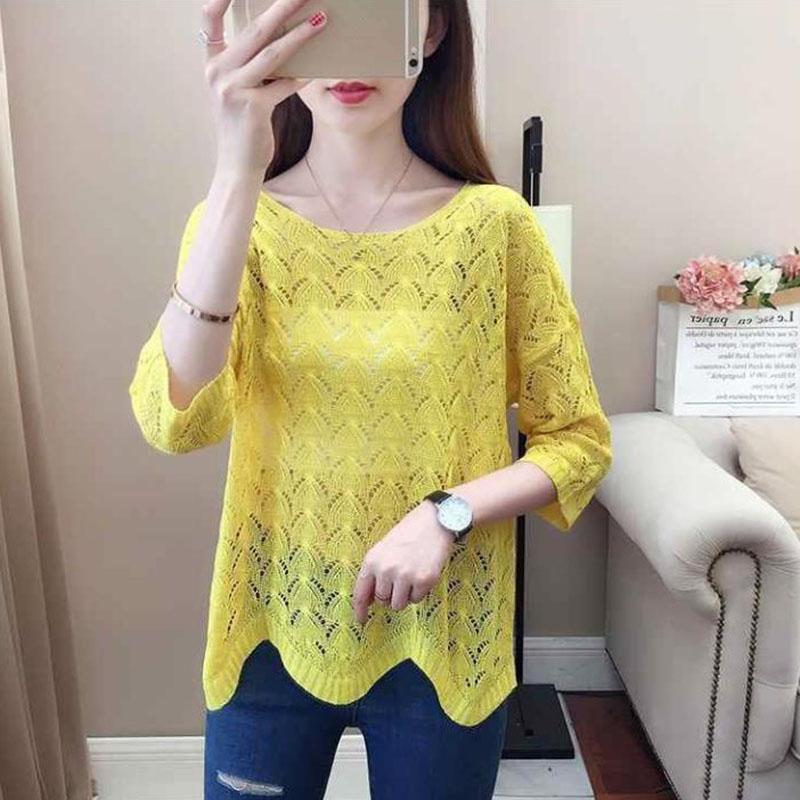 Women's Thin Hollow Knitted Sweater Three-quarter Sleeve Bottoming Shirt Loose Pullover Hollow Short-sleeved Sunscreen Top