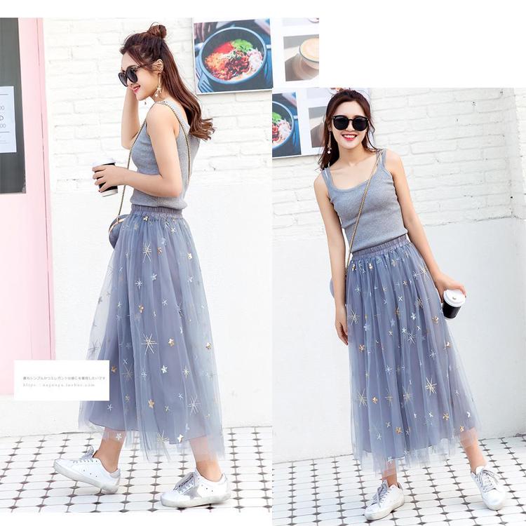 Spring Summer Vintage Skirt Womens Elastic High Waist Tulle Skirts Long Pleated Mesh Skirt