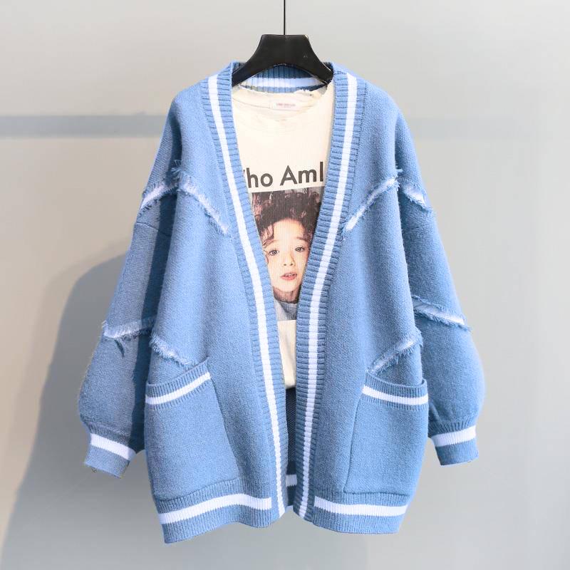 Pofulove Autumn Winter Women's Loose Alphabet Thick Knit Mid-length Sweater Cardigan Coat Women