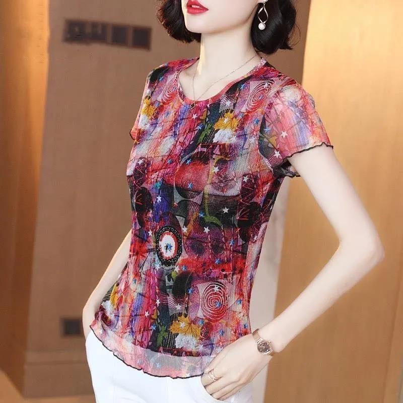 Women's Summer Lace Short Sleeve T-Shirt Round Neck Floral Slim Top
