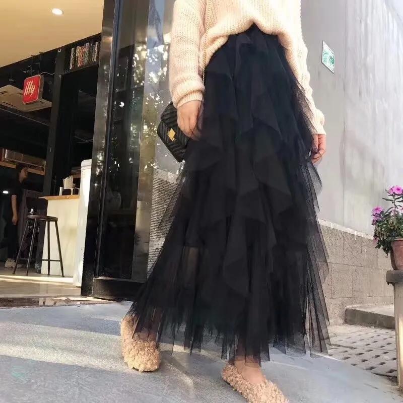 Spring Summer Sweet Cake Mesh Skirt Women's A-line Pleated Skirt Irregular Long Skirt Solid Color Fluffy Gauze Skirt Mid-length