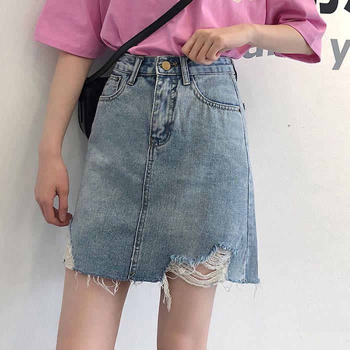 Women Anti-light Ripped Denim Skirt High Waist Slim Package Hip Skirt Mini A-line Skirts