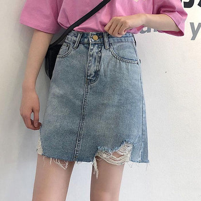 Women Anti-light Ripped Denim Skirt High Waist Slim Package Hip Skirt Mini A-line Skirts