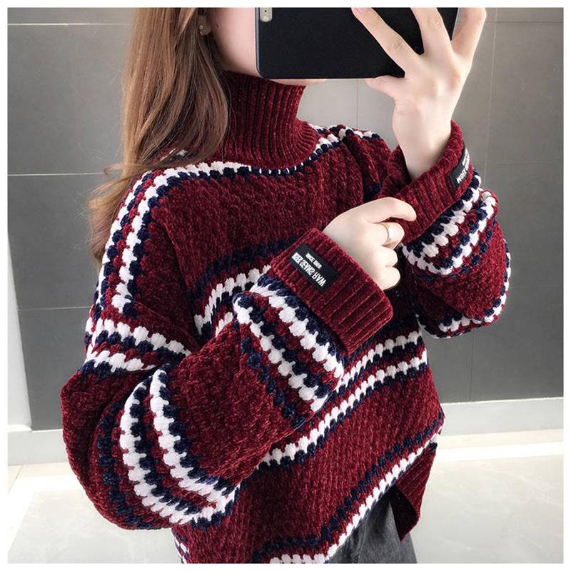 Pofulove Women stripe Turtleneck sweater pullover winter pleuche sweater Knit Long Sleeve jumper