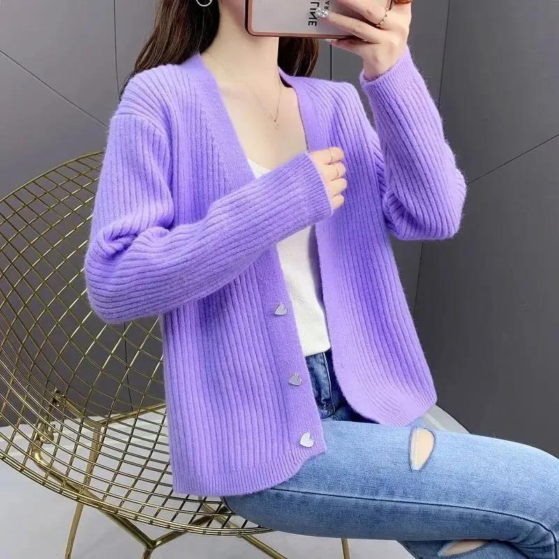 Sweater Women's Spring and Autumn V-neck Jacket Solid Color Versatile Button Top Knitted Cardigan