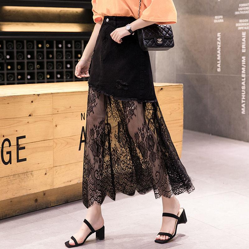 European and American Bag Hip Mesh Fashion Long Skirt Women's High Waist Denim Bias Cut Lace Stitching Skirt