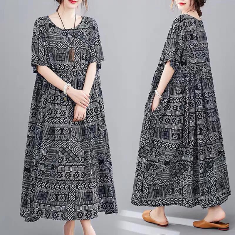 Spring and Summer Women's Skirt Literary Retro Loose Large Size Short-sleeved Women's Dress Skirt