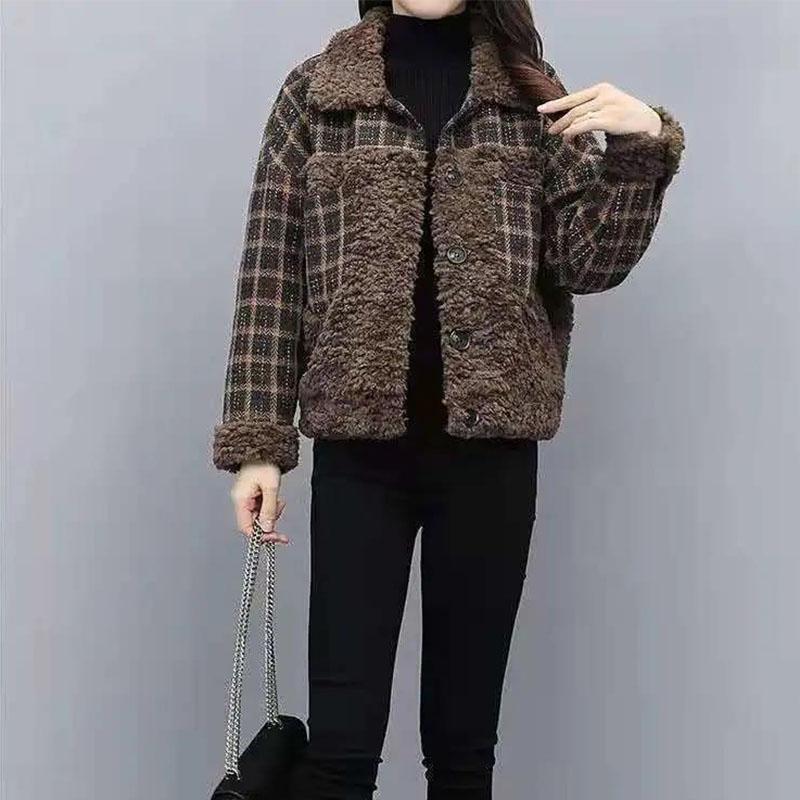 Lamb Wool Stitching Short Coat 2021 Autumn and Winter Plaid Wool Short Coat Cotton-padded Jacket Women