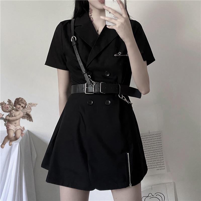 Cool Girl Black Belt Dress Women's Summer Dress Short Sleeve Turn-down Collar Knee-length Daily Wear Office Dating Party