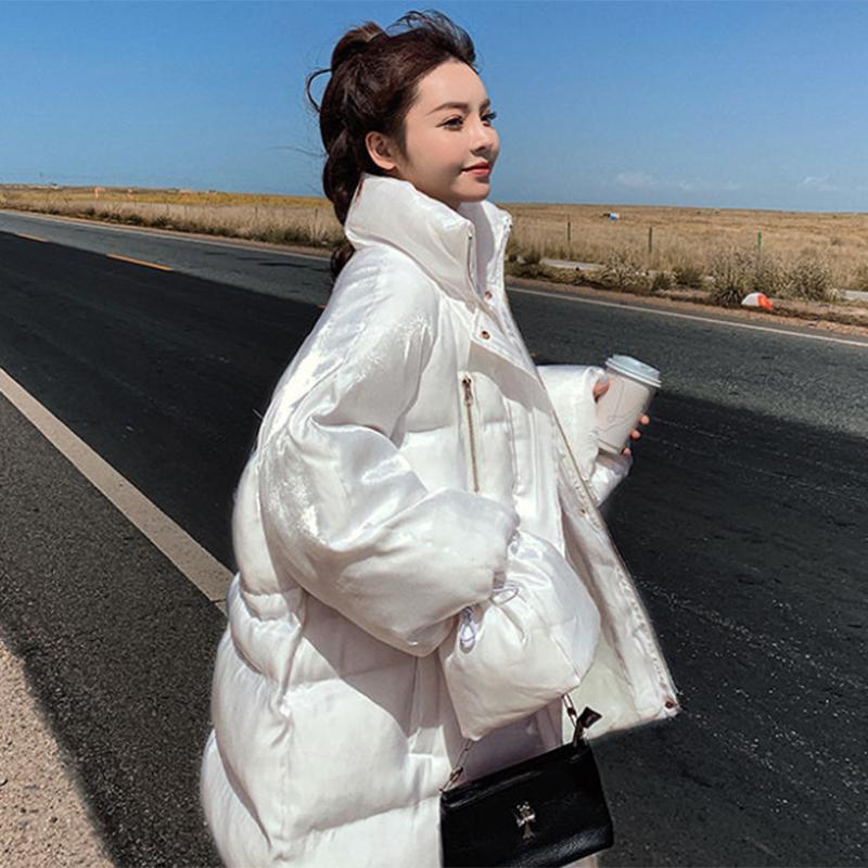 Women's Winter Korean Loose Quilted Coat Warm Stand-collar Down Jacket Women's Glossy Mid-length Down Jacket