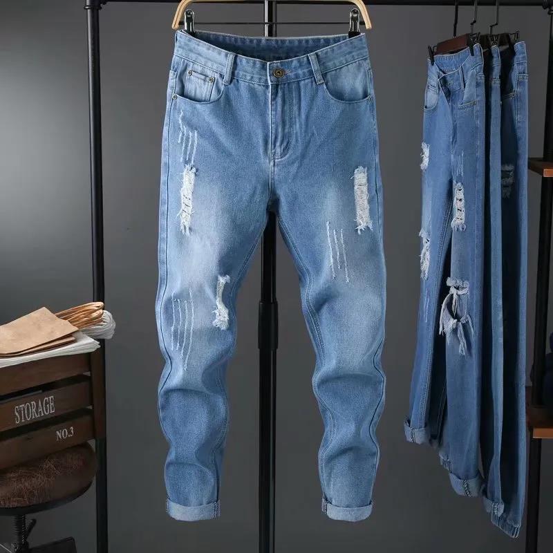 Summer New Style Ripped Jeans Men's Korean Style Slim-fit Cropped Trousers