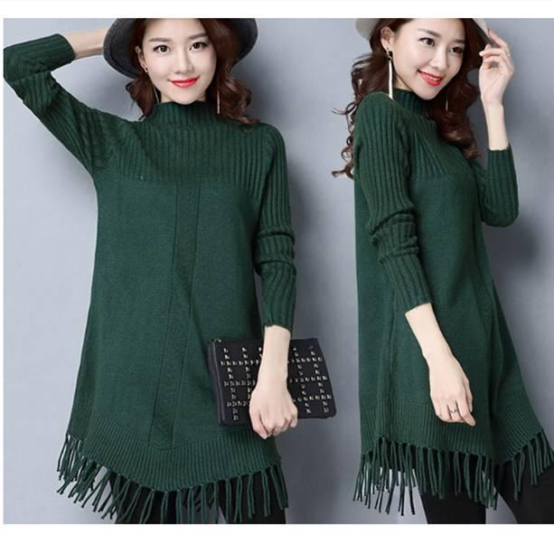 Pofulove Women Long Sweater Dress Long Section Turtleneck Tassel Pullover Base Knitted Blouse