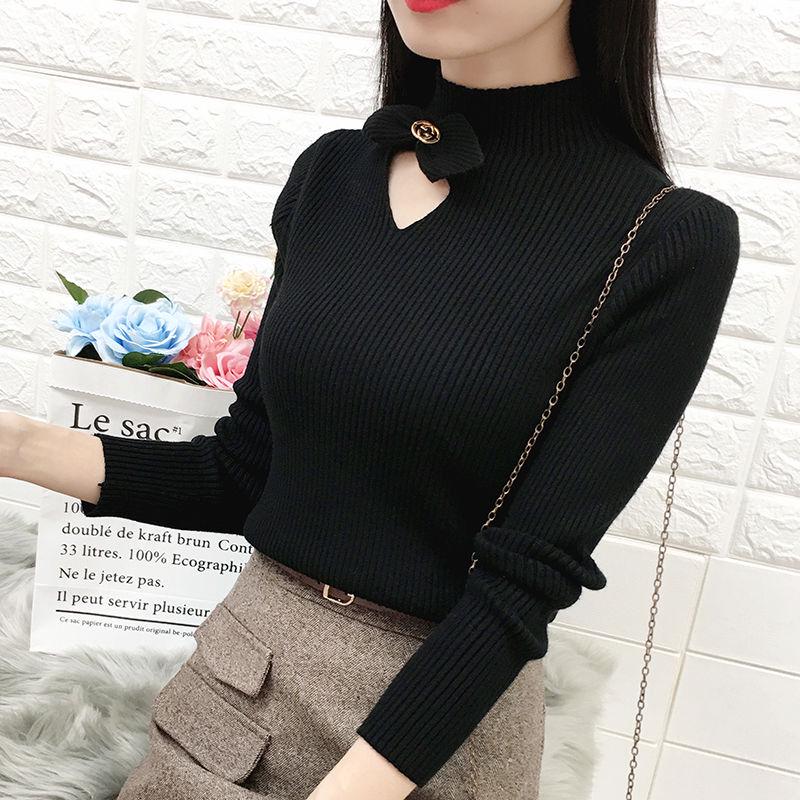 Women turtleneck sweater warm bow hollow Slim bottoming Knitted sweater pullover coat short Winter