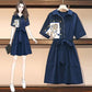 Women Summer Vintage High Waist Short Sleeve Dress Elegant Patchwork Print Mid-length Pleated Dress