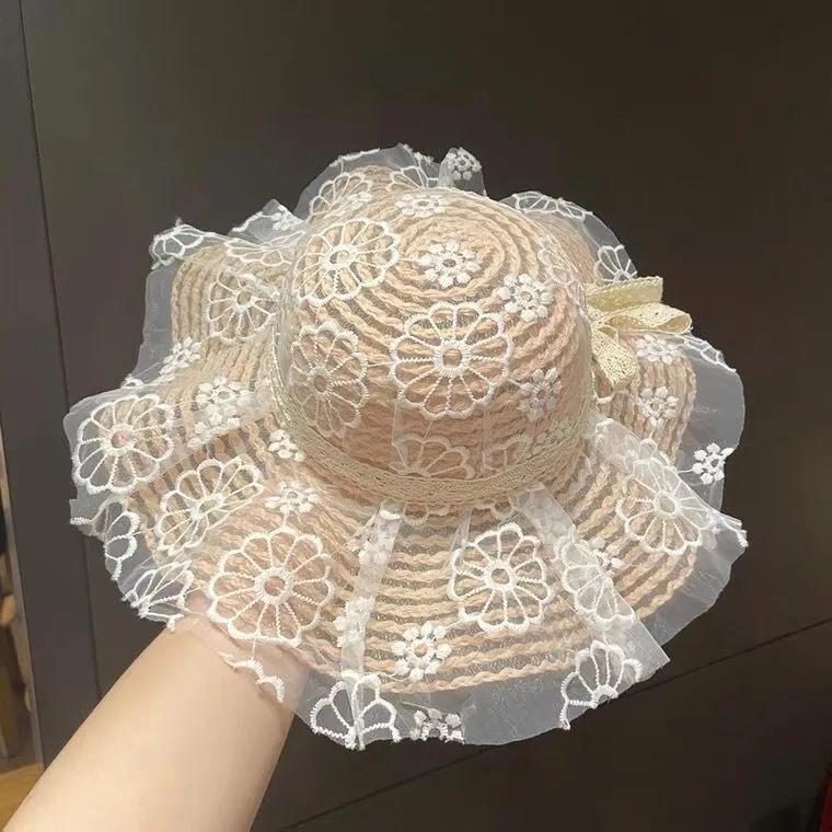 Girl Cute Bow Lace Sun Hat Summer Outdoor Sunscreen Hat for Kids Girls Big Brim Fisherman Hat Beach Anti-UV Protective Cool Hat